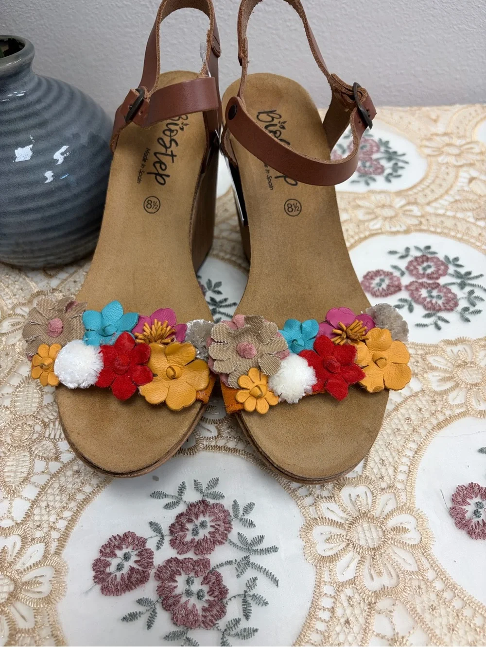 Bio-Step Boho Floral Brown Wedge Sandals